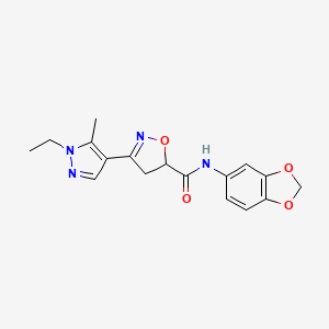 molecular formula C17H18N4O4 B1229512 N-(1,3-benzodioxol-5-yl)-3-(1-ethyl-5-methyl-4-pyrazolyl)-4,5-dihydroisoxazole-5-carboxamide 