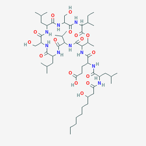 molecular formula C54H95N9O16 B12296202 (4R)-4-[[(3S,6R,9S,12R,15S,18R,21R,22R)-3-[(2S)-butan-2-yl]-6,12-bis(h ydroxymethyl)-22-methyl-9,15-bis(2-methylpropyl)-2,5,8,11,14,17,20-hep taoxo-18-propan-2-yl-1-oxa-4,7,10,13,16,19-hexazacyclodocos-21-yl]carb amoyl]-4-[[(2S)-2-[[(3R)-3-hydroxydecanoyl]amino]-4-methyl-pentanoyl]a mino]butanoic acid 