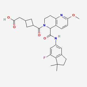 molecular formula C28H32FN3O5 B12296377 2-[3-[5-[(7-fluoro-1,1-dimethyl-2,3-dihydroinden-5-yl)carbamoyl]-2-methoxy-7,8-dihydro-5H-1,6-naphthyridine-6-carbonyl]cyclobutyl]acetic acid 