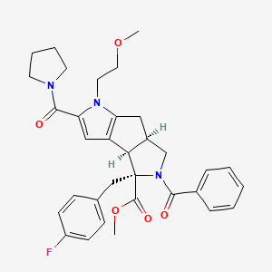 molecular formula C33H36FN3O5 B1229793 methyl (2R,3R,6R)-4-benzoyl-3-[(4-fluorophenyl)methyl]-9-(2-methoxyethyl)-10-(pyrrolidine-1-carbonyl)-4,9-diazatricyclo[6.3.0.02,6]undeca-1(8),10-diene-3-carboxylate 