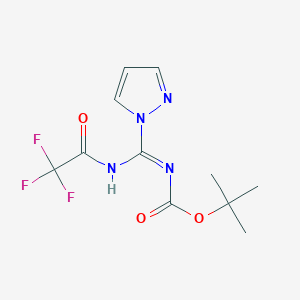 molecular formula C11H13F3N4O3 B12298369 Tert-butyl ((1H-pyrazol-1-YL)((2,2,2-trifluoroacetyl)imino)methyl)carbamate 