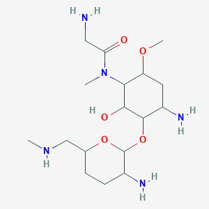 molecular formula C17H35N5O5 B12298896 2-amino-N-[4-amino-3-[3-amino-6-(methylaminomethyl)oxan-2-yl]oxy-2-hydroxy-6-methoxycyclohexyl]-N-methylacetamide 