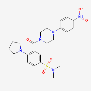 molecular formula C23H29N5O5S B1229890 N,N-dimethyl-3-[[4-(4-nitrophenyl)-1-piperazinyl]-oxomethyl]-4-(1-pyrrolidinyl)benzenesulfonamide 