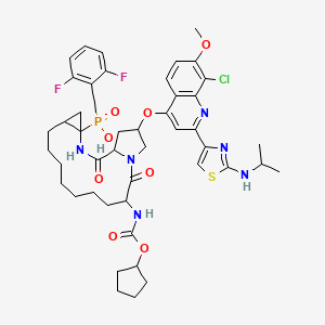 [18-[8-Chloro-7-methoxy-2-[2-(propan-2-ylamino)-1,3-thiazol-4-yl]quinolin-4-yl]oxy-14-(cyclopentyloxycarbonylamino)-2,15-dioxo-3,16-diazatricyclo[14.3.0.04,6]nonadecan-4-yl]-[(2,6-difluorophenyl)methyl]phosphinic acid