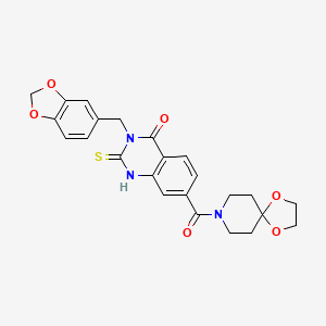 molecular formula C24H23N3O6S B1229923 3-(1,3-benzodioxol-5-ylmethyl)-7-[1,4-dioxa-8-azaspiro[4.5]decan-8-yl(oxo)methyl]-2-sulfanylidene-1H-quinazolin-4-one 