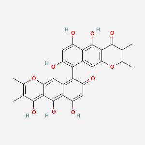 molecular formula C30H24O10 B12299615 5,6,8-Trihydroxy-2,3-dimethyl-9-(5,6,8-trihydroxy-2,3-dimethyl-4-oxo-2,3-dihydrobenzo[g]chromen-9-yl)benzo[g]chromen-4-one CAS No. 108906-67-8