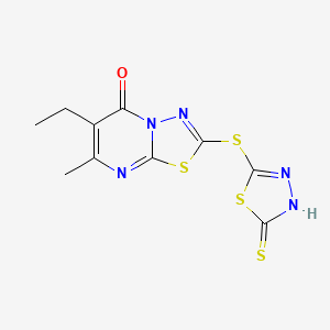 molecular formula C10H9N5OS4 B12299919 6-ethyl-2-((5-mercapto-1,3,4-thiadiazol-2-yl)thio)-7-methyl-5H-[1,3,4]thiadiazolo[3,2-a]pyrimidin-5-one 