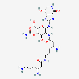 [5-[[3-Amino-6-(3,6-diaminohexanoylamino)hexanoyl]amino]-4-hydroxy-2-(hydroxymethyl)-6-[(7-hydroxy-4-oxo-1,3a,5,6,7,7a-hexahydroimidazo[4,5-c]pyridin-2-yl)amino]oxan-3-yl] carbamate