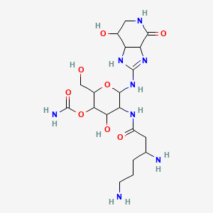 molecular formula C19H34N8O8 B12302190 [5-(3,6-Diaminohexanoylamino)-4-hydroxy-2-(hydroxymethyl)-6-[(7-hydroxy-4-oxo-1,3a,5,6,7,7a-hexahydroimidazo[4,5-c]pyridin-2-yl)amino]oxan-3-yl] carbamate 