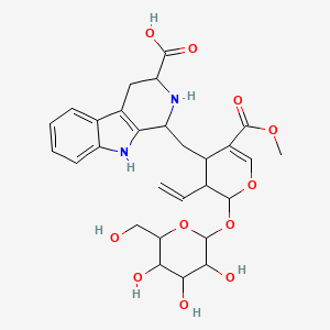 molecular formula C28H34N2O11 B12303078 1-[[3-ethenyl-5-methoxycarbonyl-2-[3,4,5-trihydroxy-6-(hydroxymethyl)oxan-2-yl]oxy-3,4-dihydro-2H-pyran-4-yl]methyl]-2,3,4,9-tetrahydro-1H-pyrido[3,4-b]indole-3-carboxylic acid 