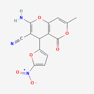 molecular formula C14H9N3O6 B1230431 2-amino-7-methyl-4-(5-nitro-2-furanyl)-5-oxo-4H-pyrano[3,2-c]pyran-3-carbonitrile 