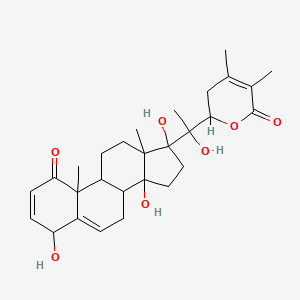 molecular formula C28H38O7 B12304358 2-[1-Hydroxy-1-(4,14,17-trihydroxy-10,13-dimethyl-1-oxo-4,7,8,9,11,12,15,16-octahydrocyclopenta[a]phenanthren-17-yl)ethyl]-4,5-dimethyl-2,3-dihydropyran-6-one 