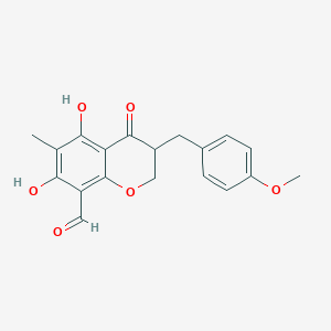 molecular formula C19H18O6 B12304591 5,7-Dihydroxy-3-[(4-methoxyphenyl)methyl]-6-methyl-4-oxo-2,3-dihydrochromene-8-carbaldehyde 