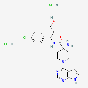 molecular formula C21H27Cl3N6O2 B12304973 4-amino-N-[1-(4-chlorophenyl)-3-hydroxypropyl]-1-(7H-pyrrolo[2,3-d]pyrimidin-4-yl)piperidine-4-carboxamide;dihydrochloride 