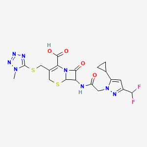 molecular formula C19H20F2N8O4S2 B1230540 7-[[2-[5-Cyclopropyl-3-(difluoromethyl)-1-pyrazolyl]-1-oxoethyl]amino]-3-[[(1-methyl-5-tetrazolyl)thio]methyl]-8-oxo-5-thia-1-azabicyclo[4.2.0]oct-2-ene-2-carboxylic acid 