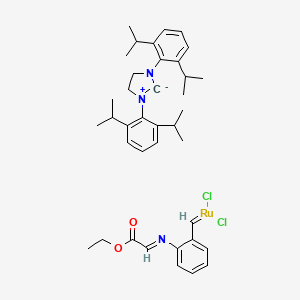 molecular formula C38H49Cl2N3O2Ru B12306143 Dichloro(1,3-di-i-propylphenylimidazolidin-2-ylidene){2-[(ethoxy-2-oxoethylidene)amino]benzylidene} ruthenium(II) HeatMet SIPr 