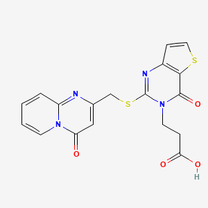 molecular formula C18H14N4O4S2 B1230628 3-[4-Oxo-2-[(4-oxo-2-pyrido[1,2-a]pyrimidinyl)methylthio]-3-thieno[3,2-d]pyrimidinyl]propanoic acid 