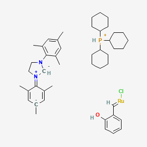 molecular formula C46H67ClN2OPRu B12306502 [1,3-Bis(2,4,6-trimethylphenylimidazolidin-2-ylidene)](tricyclohexylphosphine)-(2-oxobenzylidene)ruthenium(II) chloride LatMet 