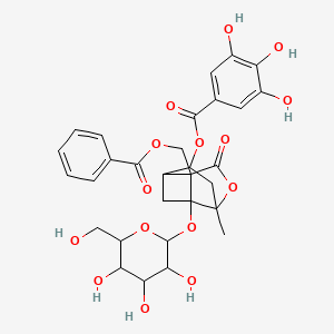 molecular formula C30H32O15 B12306564 [9-(Benzoyloxymethyl)-6-methyl-8-oxo-1-[3,4,5-trihydroxy-6-(hydroxymethyl)oxan-2-yl]oxy-7-oxatricyclo[4.3.0.03,9]nonan-4-yl] 3,4,5-trihydroxybenzoate 