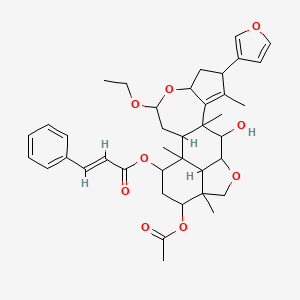 molecular formula C39H48O9 B12307288 [17-acetyloxy-4-ethoxy-8-(furan-3-yl)-12-hydroxy-1,9,11,16-tetramethyl-5,14-dioxapentacyclo[11.6.1.02,11.06,10.016,20]icos-9-en-19-yl] (E)-3-phenylprop-2-enoate 