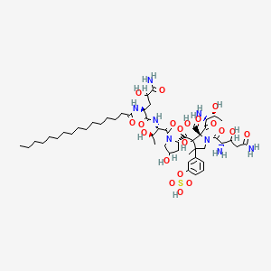 molecular formula C51H82N8O20S B1230816 (2R)-3-[(2S)-1-[(2S,3R)-2-[[(2S)-5-amino-2-(hexadecanoylamino)-4-hydroxy-5-oxopentanoyl]amino]-3-hydroxybutanoyl]-4-hydroxypyrrolidine-2-carbonyl]-2-[(2S,3R)-2-amino-3-hydroxybutanoyl]-1-[(2S)-2,5-diamino-3-hydroxy-5-oxopentanoyl]-3-hydroxy-4-methyl-4-(3-sulfooxyphenyl)pyrrolidine-2-carboxylic acid CAS No. 160335-88-6