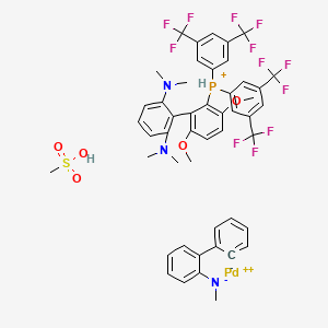 molecular formula C48H45F12N3O5PPdS+ B12308531 [2-[2,6-bis(dimethylamino)phenyl]-3,6-dimethoxyphenyl]-bis[3,5-bis(trifluoromethyl)phenyl]phosphanium;methanesulfonic acid;methyl-(2-phenylphenyl)azanide;palladium(2+) 