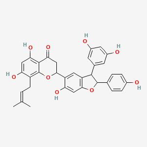 molecular formula C34H30O9 B12308972 2-[3-(3,5-Dihydroxyphenyl)-6-hydroxy-2-(4-hydroxyphenyl)-2,3-dihydrobenzofuran-5-yl]-5,7-dihydroxy-8-(3-methylbut-2-enyl)chroman-4-one 