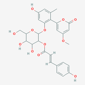 molecular formula C28H28O12 B12309618 [4,5-dihydroxy-2-[5-hydroxy-2-(4-methoxy-6-oxopyran-2-yl)-3-methylphenoxy]-6-(hydroxymethyl)oxan-3-yl] (E)-3-(4-hydroxyphenyl)prop-2-enoate 