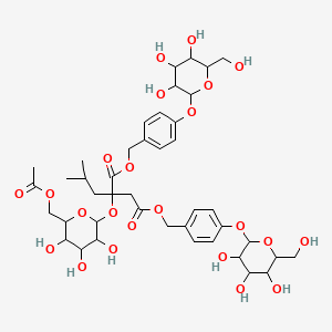 molecular formula C42H58O23 B12309915 Bis[[4-[3,4,5-trihydroxy-6-(hydroxymethyl)oxan-2-yl]oxyphenyl]methyl] 2-[6-(acetyloxymethyl)-3,4,5-trihydroxyoxan-2-yl]oxy-2-(2-methylpropyl)butanedioate 