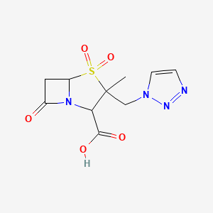 molecular formula C10H12N4O5S B12310220 4-Thia-1-azabicyclo[3.2.0]heptane-2-carboxylic acid, 3-methyl-7-oxo-3-(1H-1,2,3-triazol-1-ylmethyl)-, 4,4-dioxide, (2S,3S,5R)- 