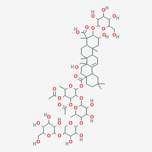 molecular formula C63H98O31 B12310251 8a-[4,5-Diacetyloxy-3-[5-[3,4-dihydroxy-5-[3,4,5-trihydroxy-6-(hydroxymethyl)oxan-2-yl]oxyoxan-2-yl]oxy-3,4-dihydroxy-6-methyloxan-2-yl]oxy-6-methyloxan-2-yl]oxycarbonyl-2-hydroxy-6b-(hydroxymethyl)-4,6a,11,11,14b-pentamethyl-3-[3,4,5-trihydroxy-6-(hydroxymethyl)oxan-2-yl]oxy-1,2,3,4a,5,6,7,8,9,10,12,12a,14,14a-tetradecahydropicene-4-carboxylic acid 