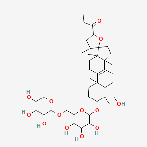 molecular formula C40H64O13 B12311085 1-[4-(Hydroxymethyl)-4,4',10,13,14-pentamethyl-3-[3,4,5-trihydroxy-6-[(3,4,5-trihydroxyoxan-2-yl)oxymethyl]oxan-2-yl]oxyspiro[1,2,3,5,6,7,11,12,15,16-decahydrocyclopenta[a]phenanthrene-17,5'-oxolane]-2'-yl]propan-1-one 