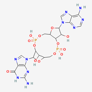 molecular formula C20H24N10O13P2 B12311458 2-amino-9-[8-(6-aminopurin-9-yl)-3,9,12,18-tetrahydroxy-3,12-dioxo-2,4,7,11,13,16-hexaoxa-3lambda5,12lambda5-diphosphatricyclo[13.2.1.06,10]octadecan-17-yl]-1H-purin-6-one 