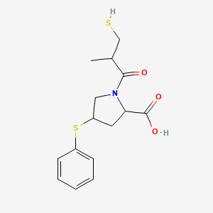 molecular formula C15H19NO3S2 B12312681 1-(2-Methyl-3-sulfanylpropanoyl)-4-phenylsulfanylpyrrolidine-2-carboxylic acid 