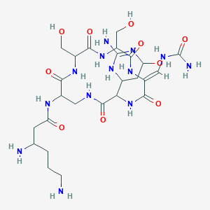 molecular formula C25H43N13O10 B1231557 3,6-diamino-N-[(6Z)-3-(2-amino-6-hydroxy-1,4,5,6-tetrahydropyrimidin-4-yl)-6-[(carbamoylamino)methylidene]-9,12-bis(hydroxymethyl)-2,5,8,11,14-pentaoxo-1,4,7,10,13-pentaazacyclohexadecan-15-yl]hexanam 