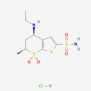 molecular formula C10H17ClN2O4S3 B123170 (4R,6R)-4-(乙基氨基)-6-甲基-7,7-二氧代-5,6-二氢-4H-噻吩并[2,3-b]噻并吡喃-2-磺酰胺；盐酸盐 CAS No. 122028-36-8