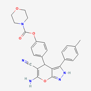 molecular formula C25H23N5O4 B1231712 4-Morpholinecarboxylic acid [4-[6-amino-5-cyano-3-(4-methylphenyl)-2,4-dihydropyrano[2,3-c]pyrazol-4-yl]phenyl] ester 