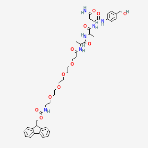 molecular formula C43H56N6O12 B12317187 9H-fluoren-9-ylmethyl N-[2-[2-[2-[2-[3-[[1-[[1-[[4-amino-1-[4-(hydroxymethyl)anilino]-1,4-dioxobutan-2-yl]amino]-1-oxopropan-2-yl]amino]-1-oxopropan-2-yl]amino]-3-oxopropoxy]ethoxy]ethoxy]ethoxy]ethyl]carbamate 