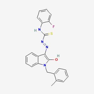 molecular formula C23H19FN4OS B1231733 1-(2-Fluorophenyl)-3-[[1-[(2-methylphenyl)methyl]-2-oxo-3-indolylidene]amino]thiourea 