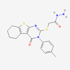 2-{[4-(4-Methylphenyl)-3-oxo-8-thia-4,6-diazatricyclo[7.4.0.0,2,7]trideca-1(9),2(7),5-trien-5-yl]sulfanyl}acetohydrazide