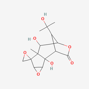 molecular formula C15H20O7 B12318280 2,8-Dihydroxy-12-(2-hydroxypropan-2-yl)-7-methylspiro[4,10-dioxatetracyclo[7.2.1.02,7.03,5]dodecane-6,2'-oxirane]-11-one 