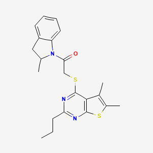 molecular formula C22H25N3OS2 B1231838 2-[(5,6-Dimethyl-2-propyl-4-thieno[2,3-d]pyrimidinyl)thio]-1-(2-methyl-2,3-dihydroindol-1-yl)ethanone 