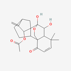 molecular formula C22H28O6 B12318900 (9,10-Dihydroxy-12,12-dimethyl-6-methylidene-15-oxo-17-oxapentacyclo[7.6.2.15,8.01,11.02,8]octadec-13-en-7-yl) acetate 