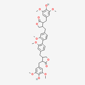 molecular formula C42H46O12 B12319034 3-[(4-Hydroxy-3,5-dimethoxyphenyl)methyl]-4-[[4-[4-[[4-[(4-hydroxy-3,5-dimethoxyphenyl)methyl]-5-oxooxolan-3-yl]methyl]-2-methoxyphenyl]-3-methoxyphenyl]methyl]oxolan-2-one 