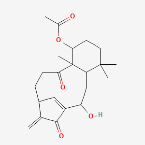 molecular formula C22H30O5 B12319281 (2-Hydroxy-5,5,9-trimethyl-14-methylidene-10,15-dioxo-8-tricyclo[11.2.1.04,9]hexadec-1(16)-enyl) acetate 