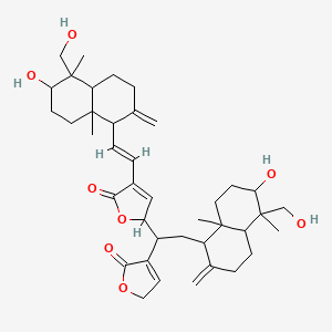 molecular formula C40H56O8 B12319500 4-[(E)-2-[6-hydroxy-5-(hydroxymethyl)-5,8a-dimethyl-2-methylidene-3,4,4a,6,7,8-hexahydro-1H-naphthalen-1-yl]ethenyl]-2-[2-[6-hydroxy-5-(hydroxymethyl)-5,8a-dimethyl-2-methylidene-3,4,4a,6,7,8-hexahydro-1H-naphthalen-1-yl]-1-(5-oxo-2H-furan-4-yl)ethyl]-2H-furan-5-one 