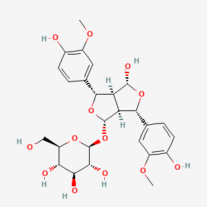 molecular formula C26H32O13 B1232125 (2S,3R,4S,5S,6R)-2-[[(1S,3R,3aS,4S,6S,6aS)-3-hydroxy-1,4-bis(4-hydroxy-3-methoxyphenyl)-1,3,3a,4,6,6a-hexahydrofuro[3,4-c]furan-6-yl]oxy]-6-(hydroxymethyl)oxane-3,4,5-triol 