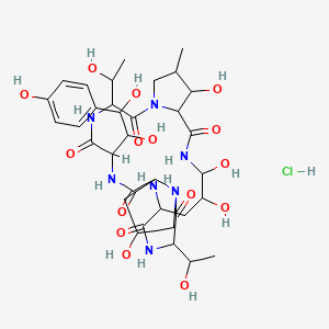 molecular formula C34H52ClN7O15 B12322699 18-Amino-6-[1,2-dihydroxy-2-(4-hydroxyphenyl)ethyl]-11,20,21,25-tetrahydroxy-3,15-bis(1-hydroxyethyl)-26-methyl-1,4,7,13,16,22-hexazatricyclo[22.3.0.09,13]heptacosane-2,5,8,14,17,23-hexone;hydrochloride 