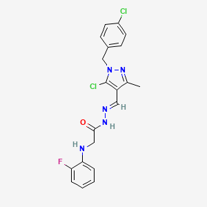 molecular formula C20H18Cl2FN5O B1232804 N-[(E)-[5-chloro-1-[(4-chlorophenyl)methyl]-3-methylpyrazol-4-yl]methylideneamino]-2-(2-fluoroanilino)acetamide 