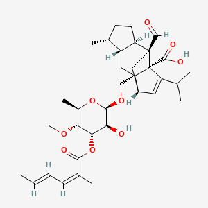 molecular formula C34H48O9 B1232962 (1R,2S,4R,5R,8R,9S,11S)-9-formyl-2-[[(2R,3S,4S,5R,6R)-3-hydroxy-5-methoxy-6-methyl-4-[(2Z,4E)-2-methylhexa-2,4-dienoyl]oxyoxan-2-yl]oxymethyl]-5-methyl-13-propan-2-yltetracyclo[7.4.0.02,11.04,8]tridec-12-ene-1-carboxylic acid CAS No. 204199-15-5